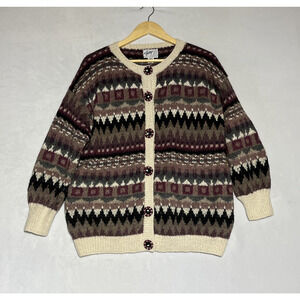 Handknit Alpaca Wool Cardigan Sweater Womens M Purple Fair Isle Chunky Cozy Soft